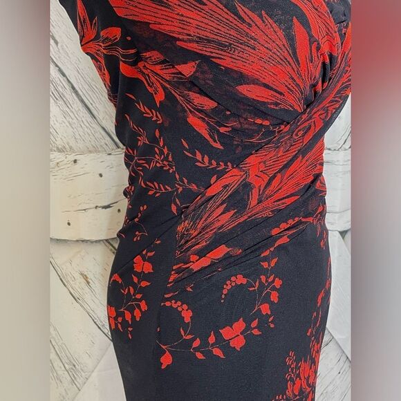 FUZZI DRESS Faux Wrap Sheer Sleeves Floral Black Red Small - Picture 3 of 7